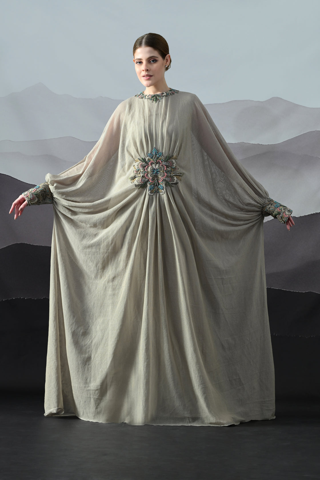 Beige Kaftan with Hand-Embroidered Motif and Soft Gathered Volume