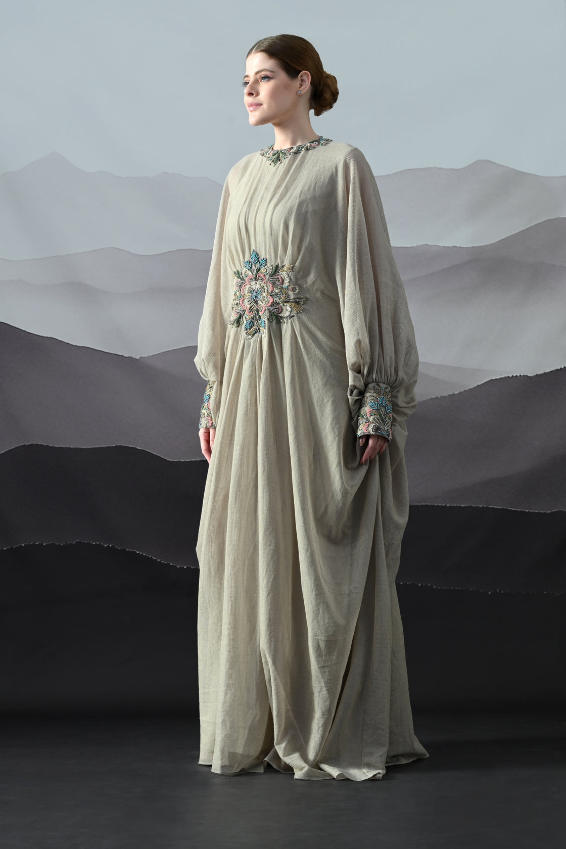 Beige Kaftan with Hand-Embroidered Motif and Soft Gathered Volume