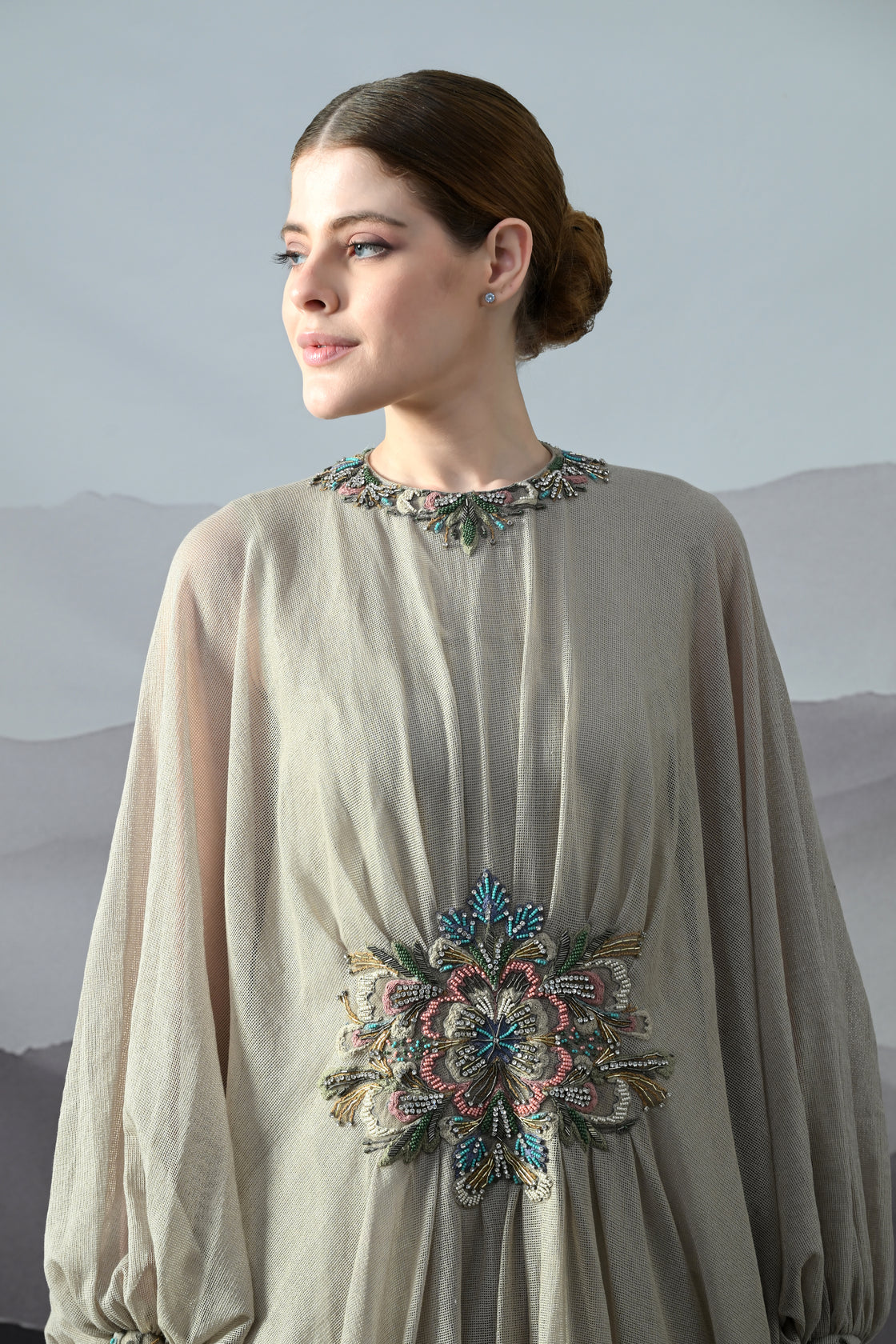 Beige Kaftan with Hand-Embroidered Motif and Soft Gathered Volume