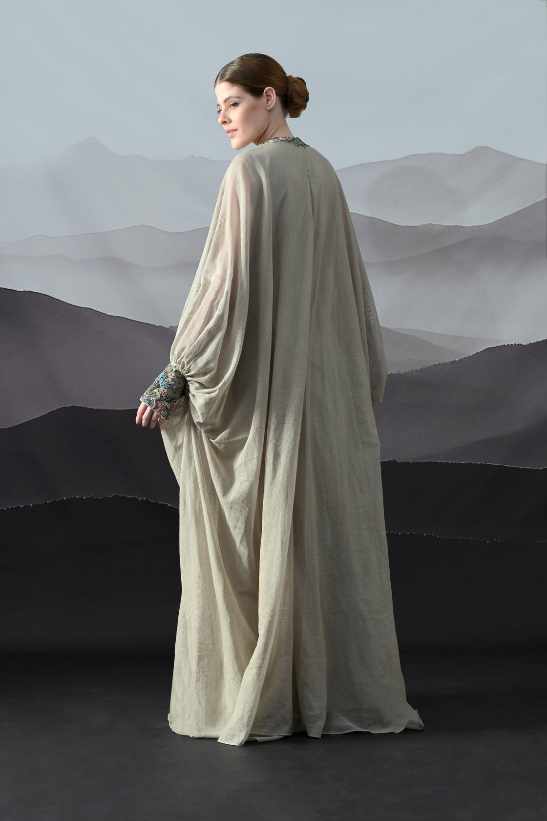 Beige Kaftan with Hand-Embroidered Motif and Soft Gathered Volume