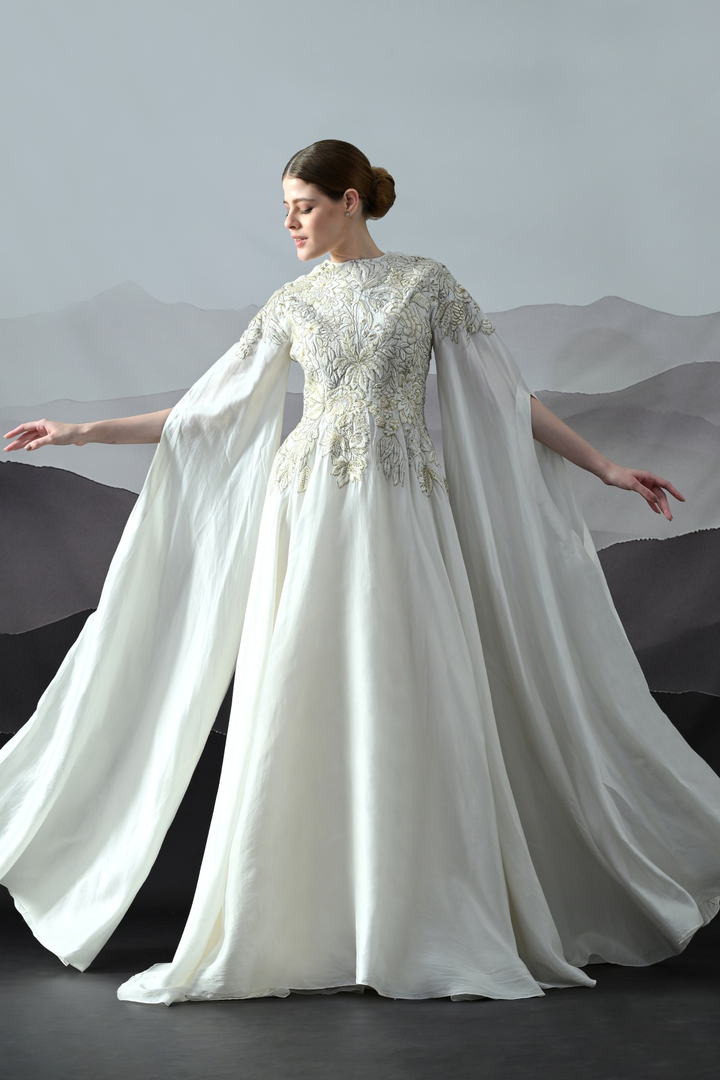 Pearl Ivory Embroidered Cape Gown