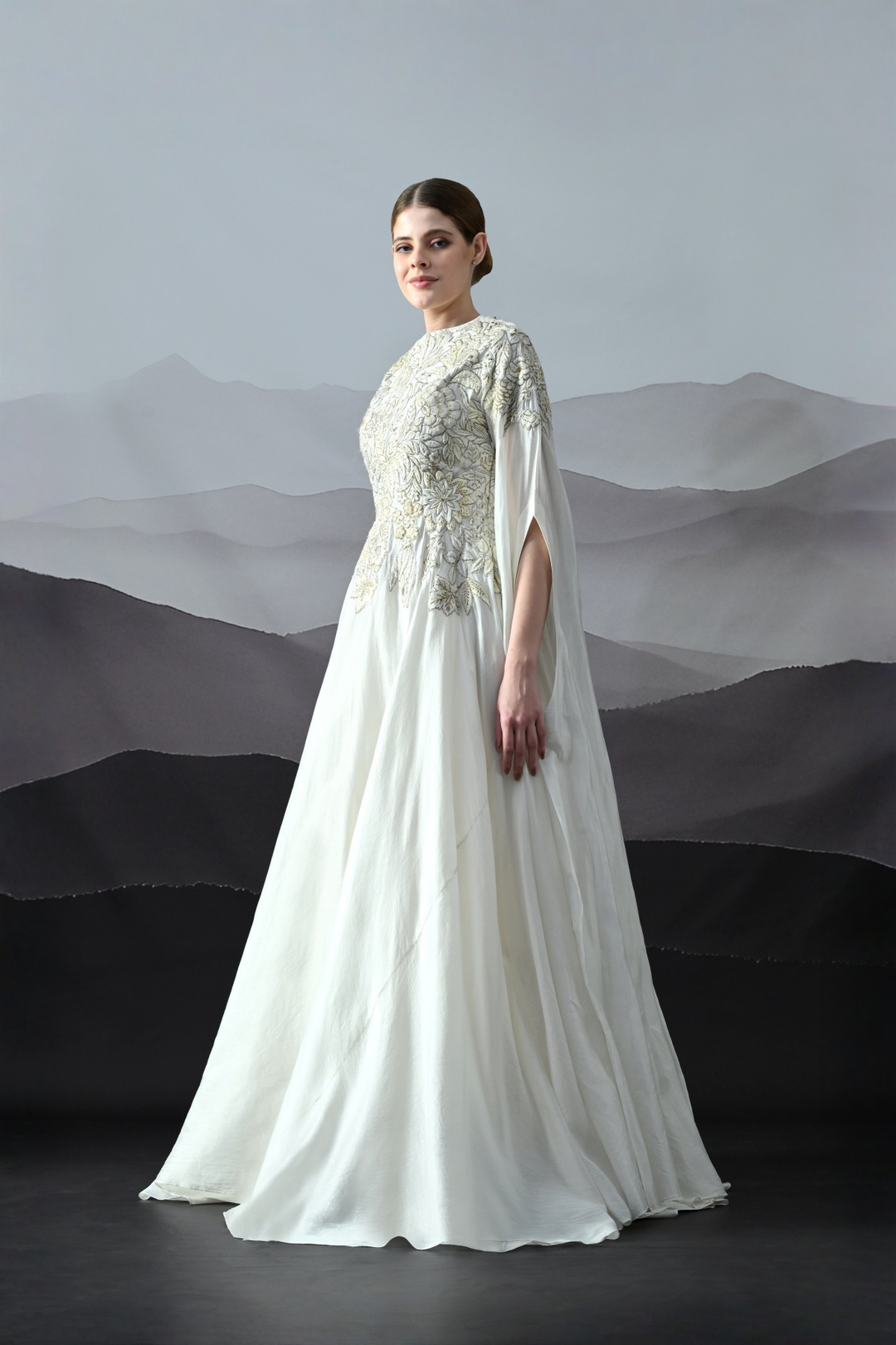 Pearl Ivory Embroidered Cape Gown