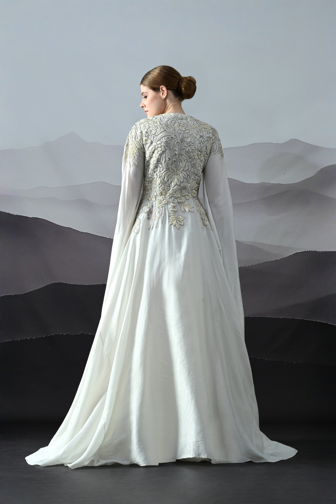 Pearl Ivory Embroidered Cape Gown