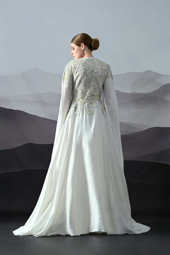 Pearl Ivory Embroidered Cape Gown