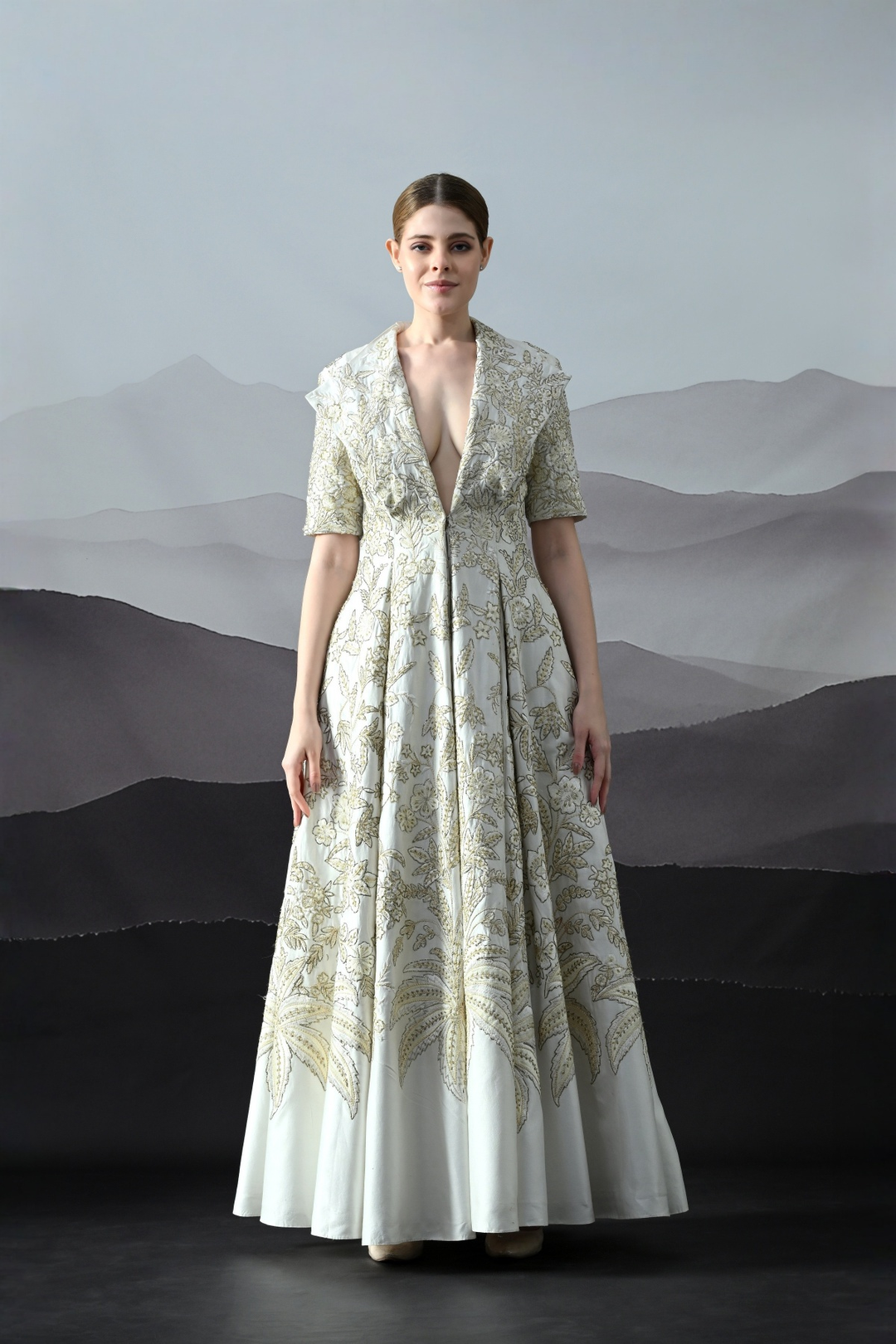 Ivory Floral Embroidery Flared Dress