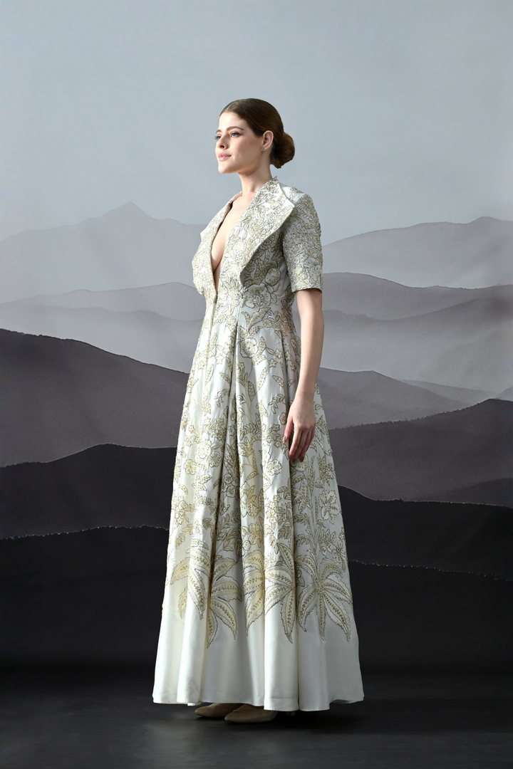 Ivory Floral Embroidery Flared Dress