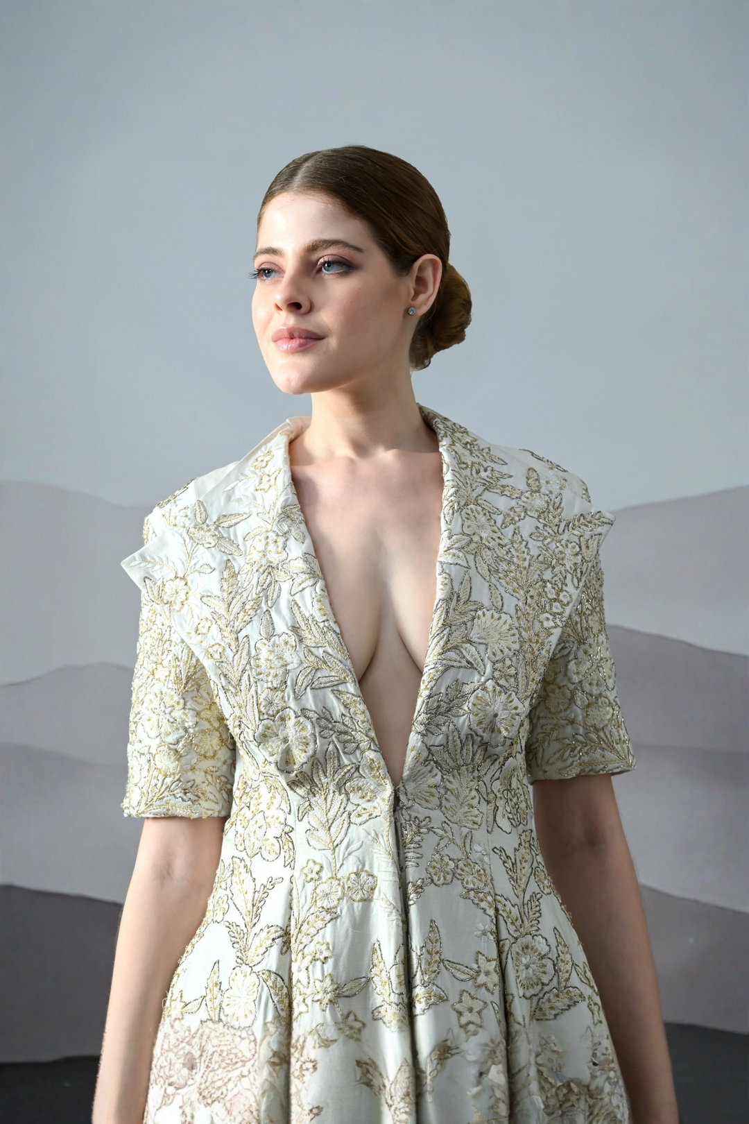 Ivory Floral Embroidery Flared Dress