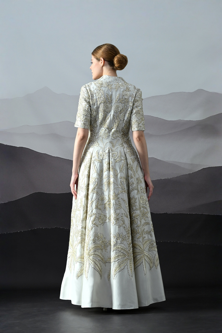 Ivory Floral Embroidery Flared Dress