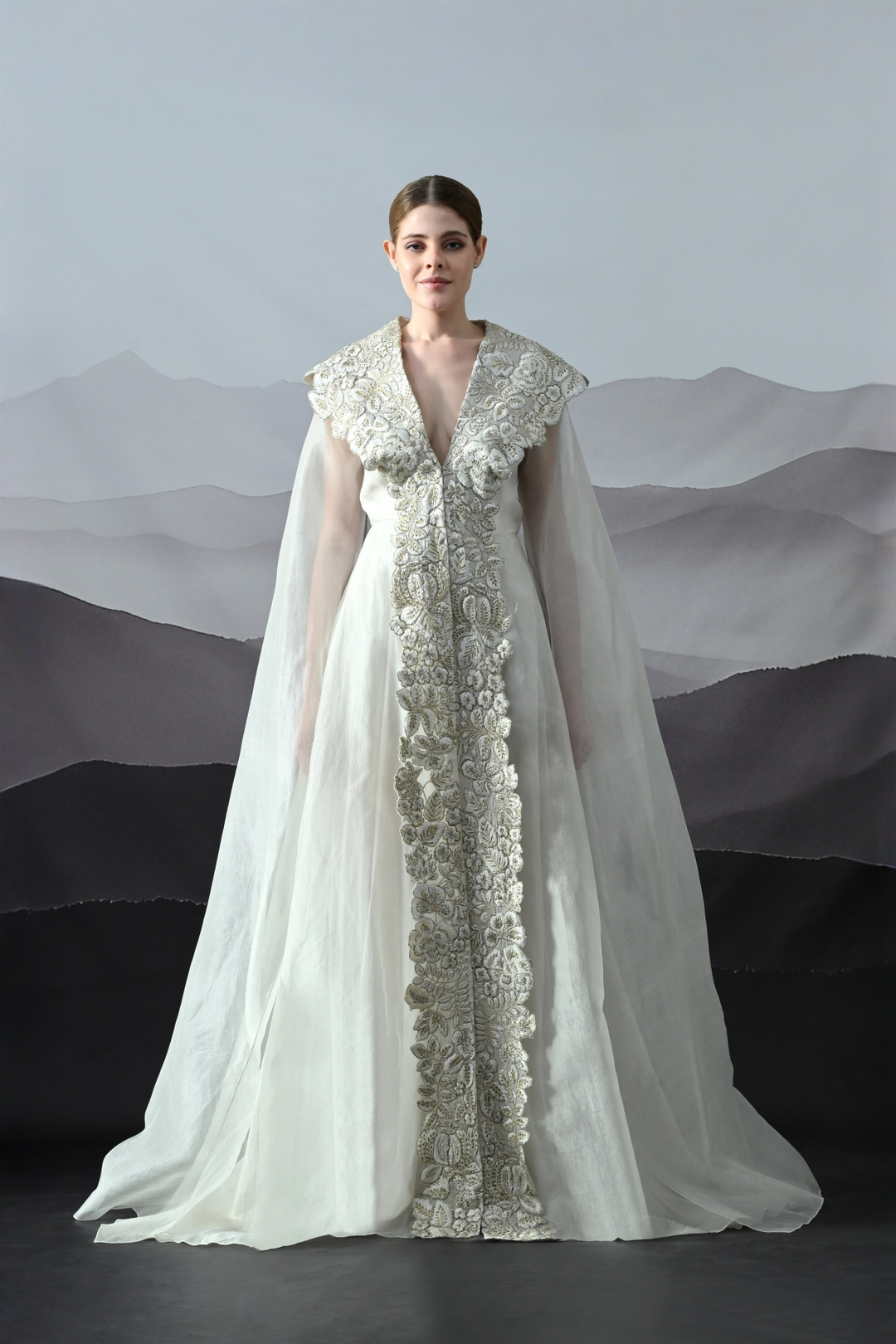 Ivory Floral Zardozi Cape Dress