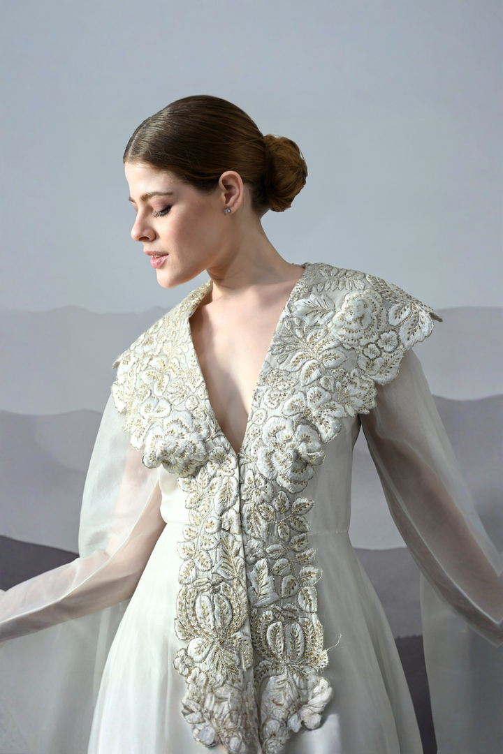 Ivory Floral Zardozi Cape Dress