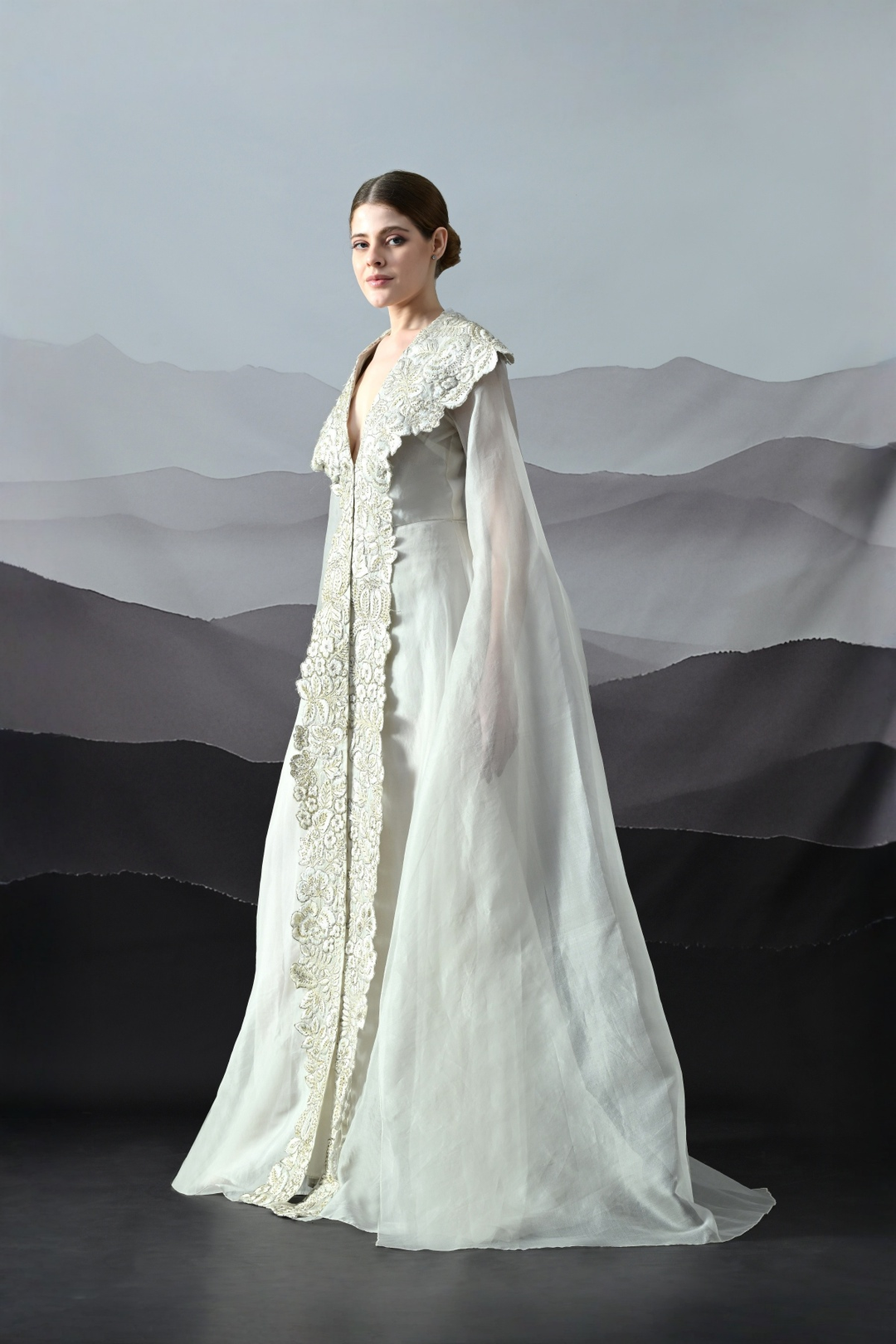 Ivory Floral Zardozi Cape Dress