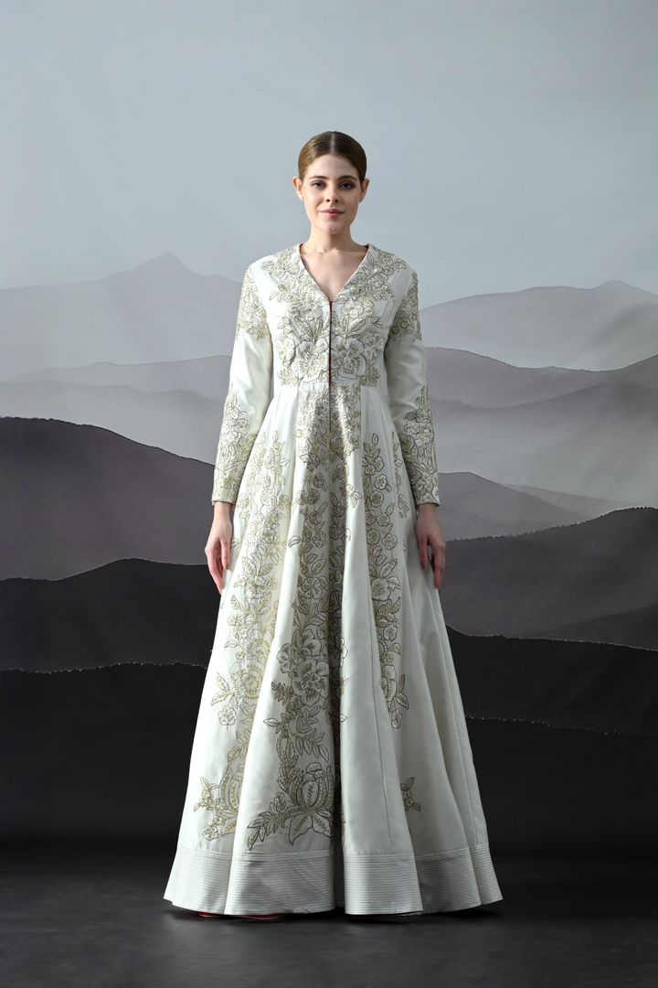 Ivory Floral Threadwork Structured Gown