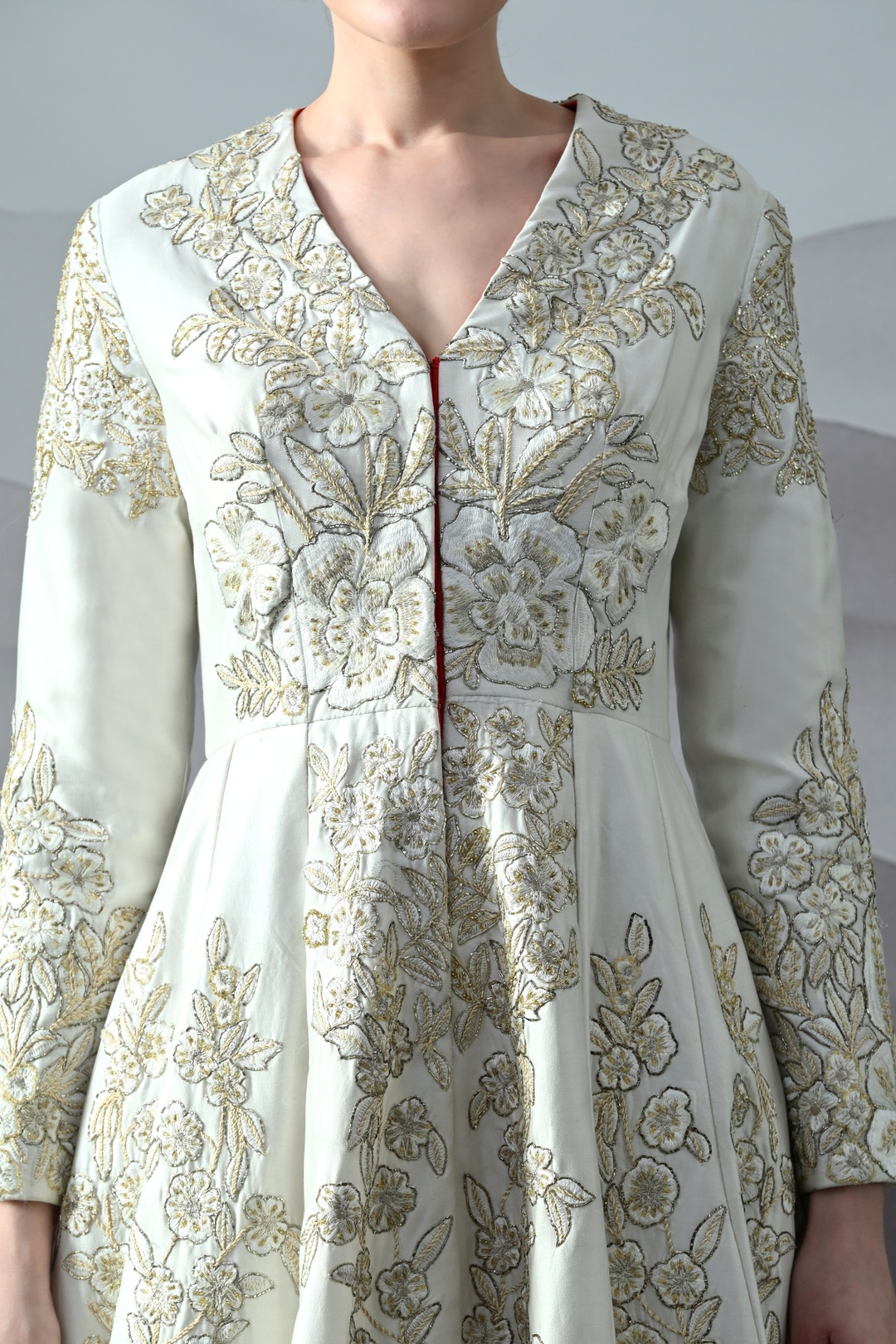 Ivory Floral Threadwork Structured Gown