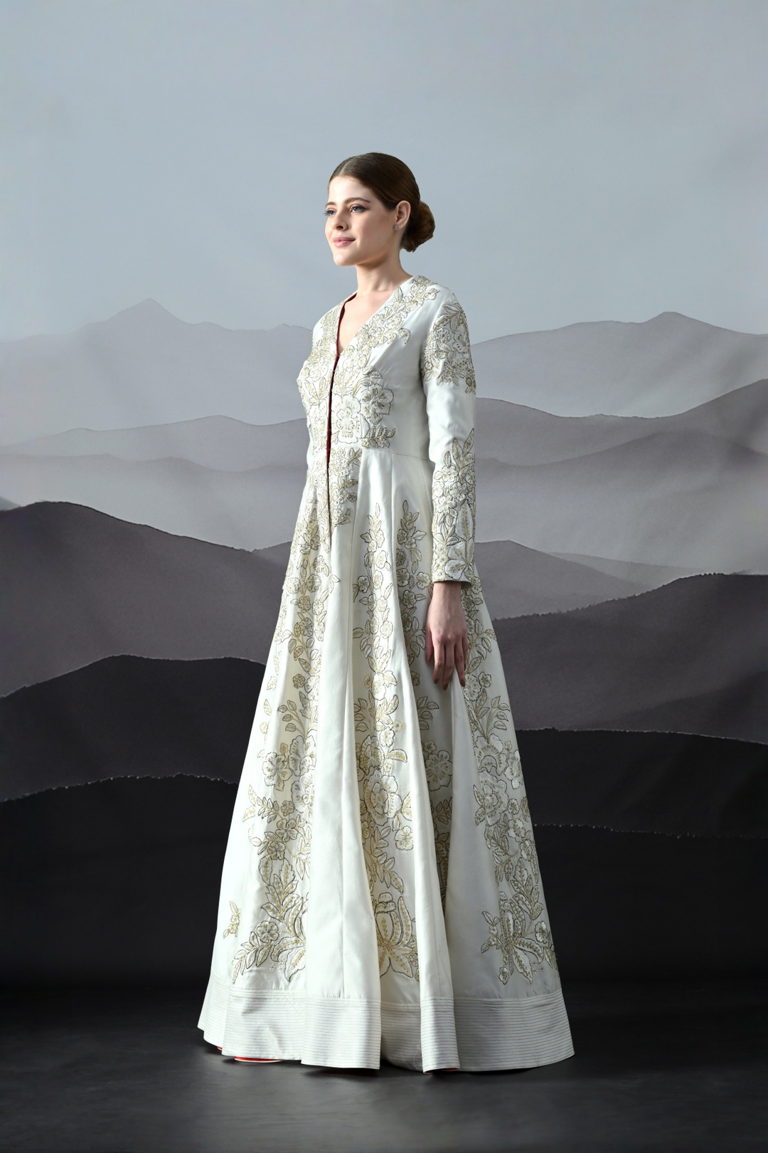 Ivory Floral Threadwork Structured Gown
