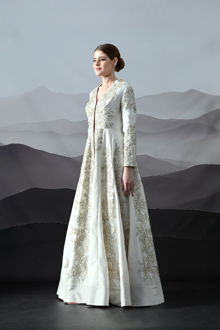 Ivory Floral Threadwork Structured Gown