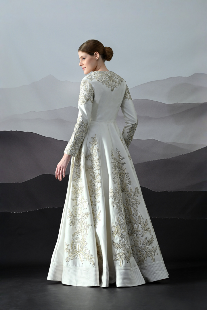 Ivory Floral Threadwork Structured Gown