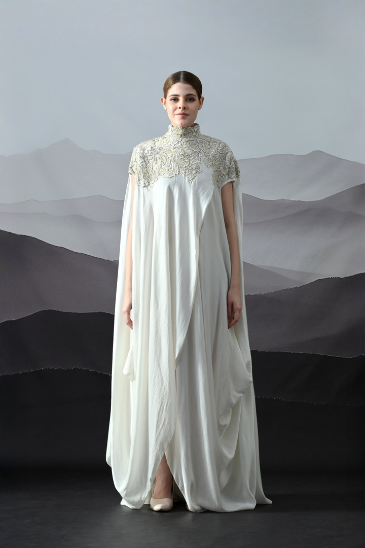 Ivory Floral Embroidery Draped Silhouette Gown