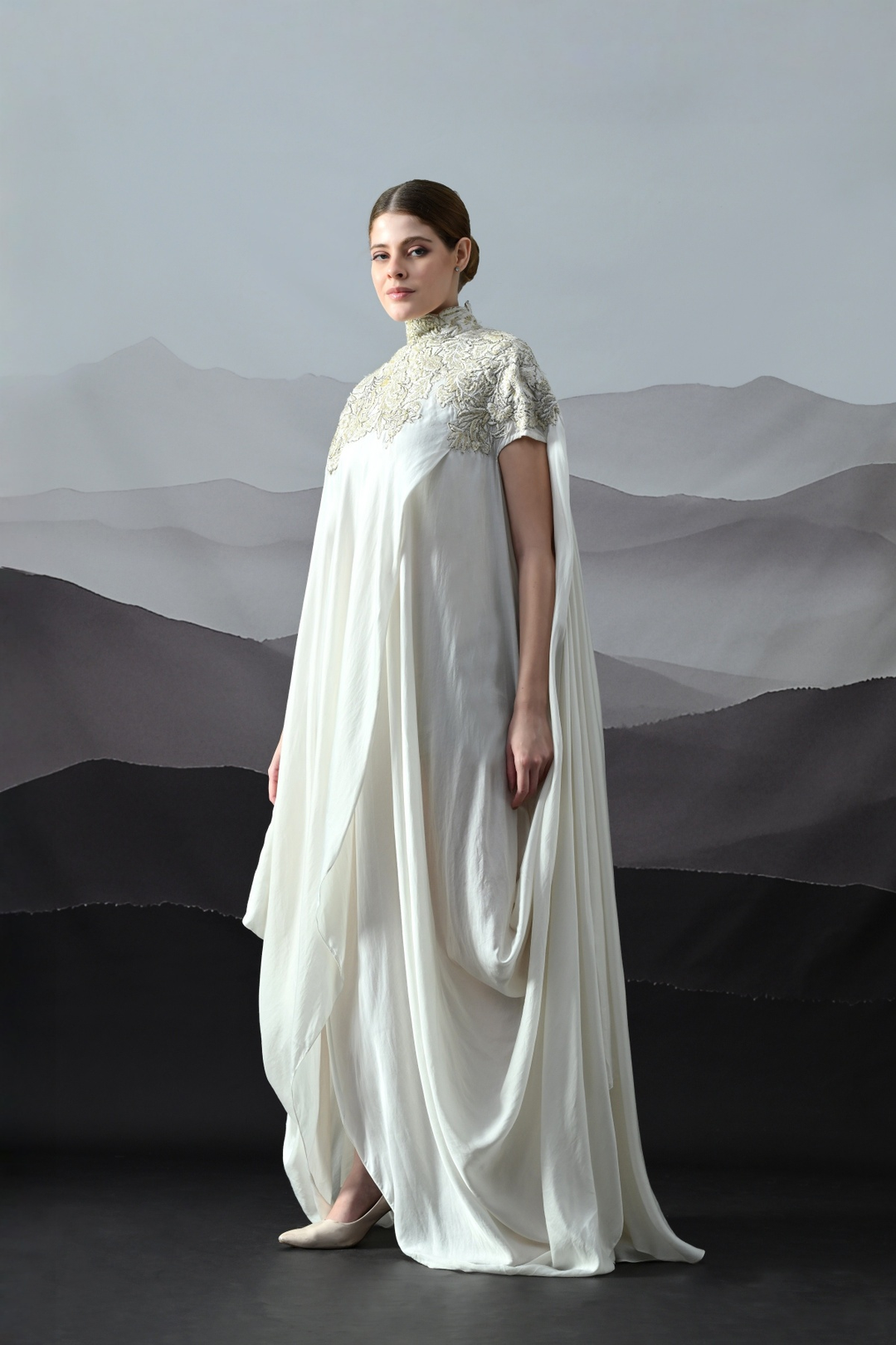 Ivory Floral Embroidery Draped Silhouette Gown