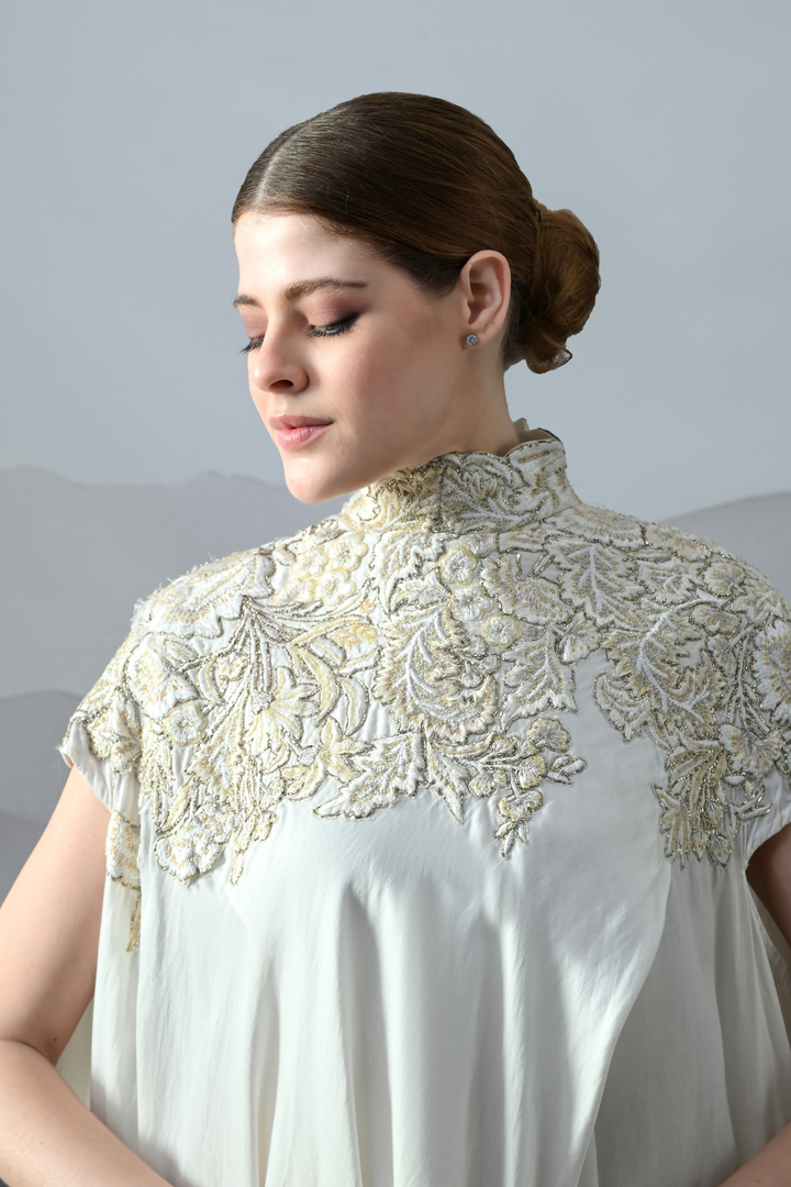 Ivory Floral Embroidery Draped Silhouette Gown