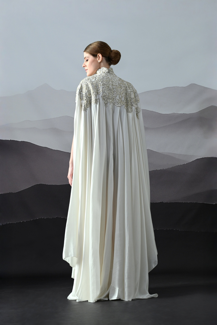 Ivory Floral Embroidery Draped Silhouette Gown