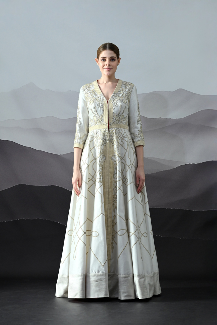 Ivory Gold Threadwork Panelled Dress