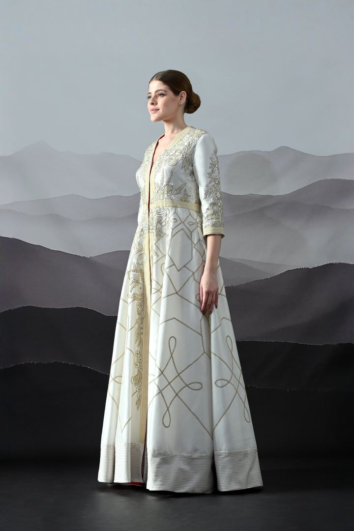 Ivory Gold Threadwork Panelled Dress