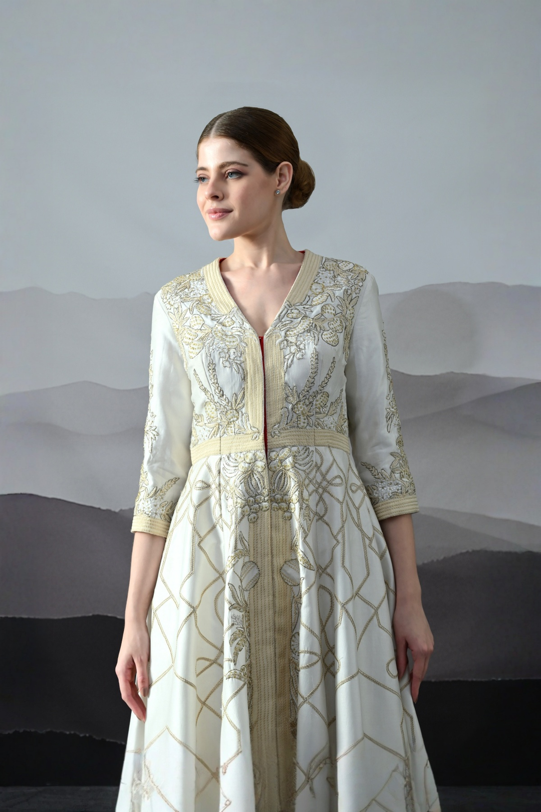 Ivory Gold Threadwork Panelled Dress