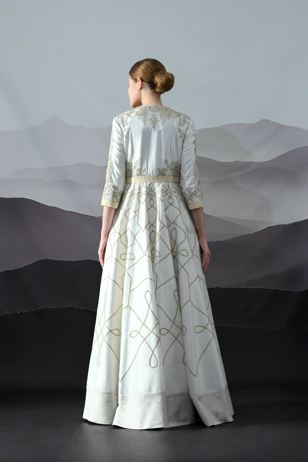 Ivory Gold Threadwork Panelled Dress