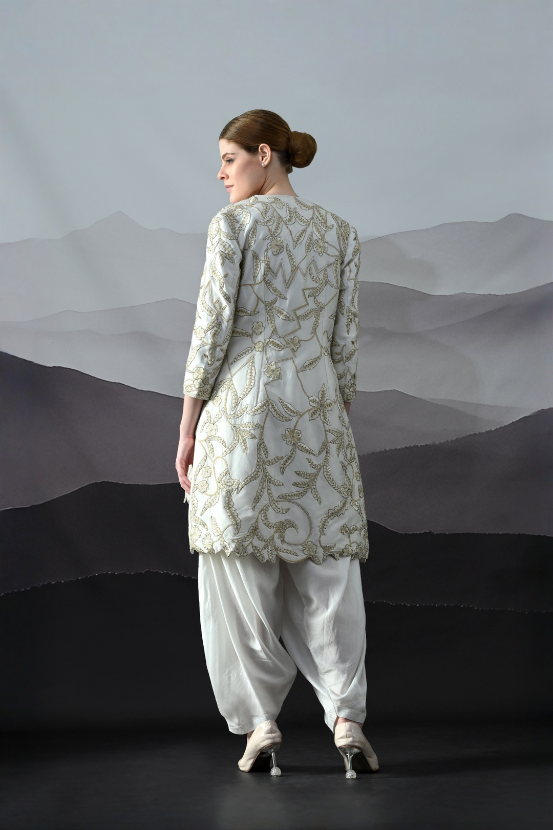 Ivory Floral Embroidery Jacket Ensemble
