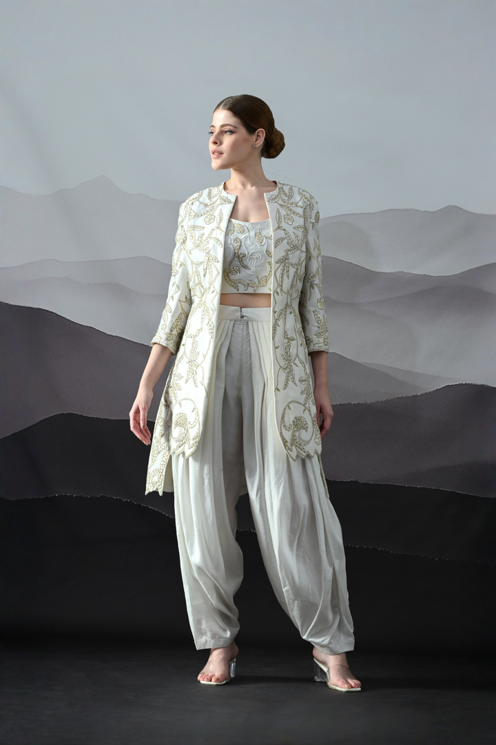 Ivory Floral Embroidery Jacket Ensemble