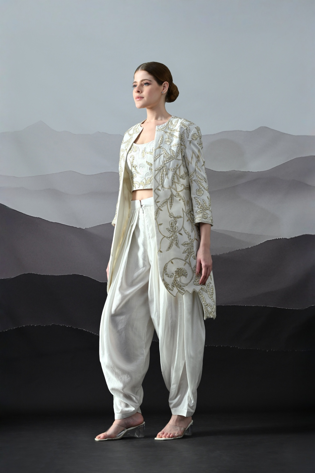 Ivory Floral Embroidery Jacket Ensemble
