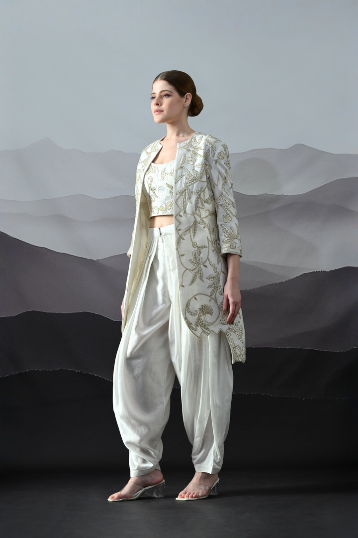 Ivory Floral Embroidery Jacket Ensemble