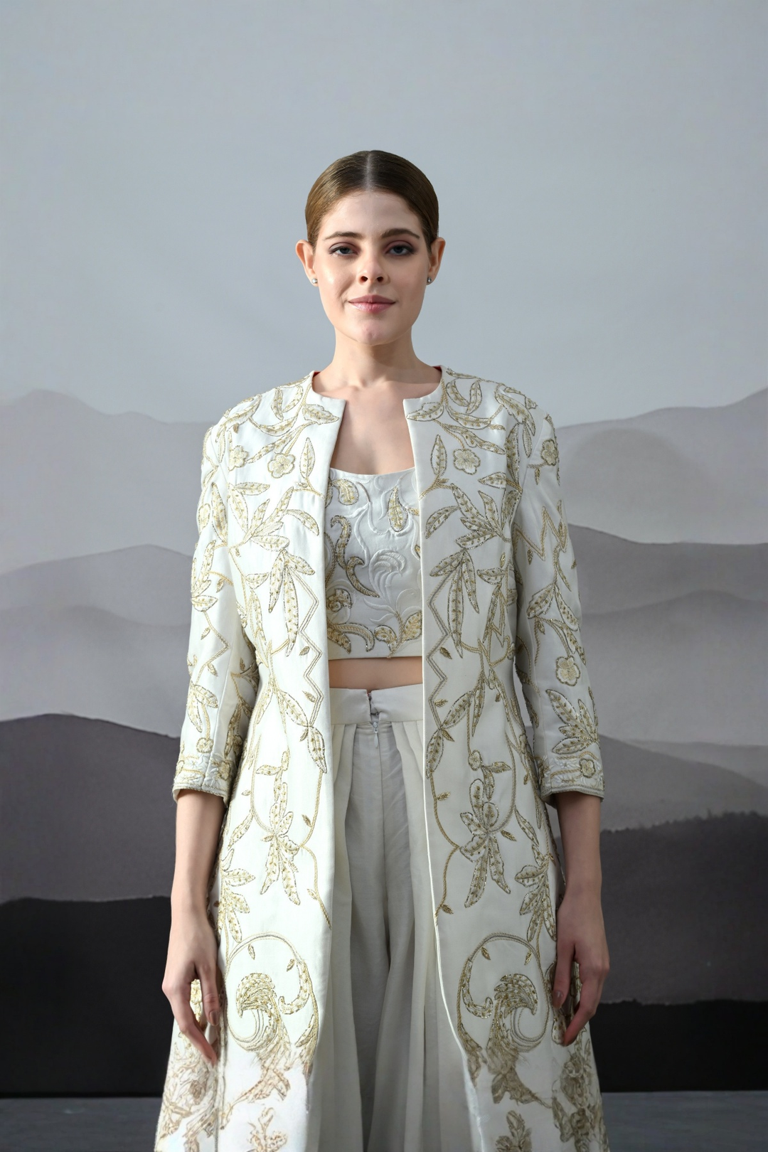 Ivory Floral Embroidery Jacket Ensemble