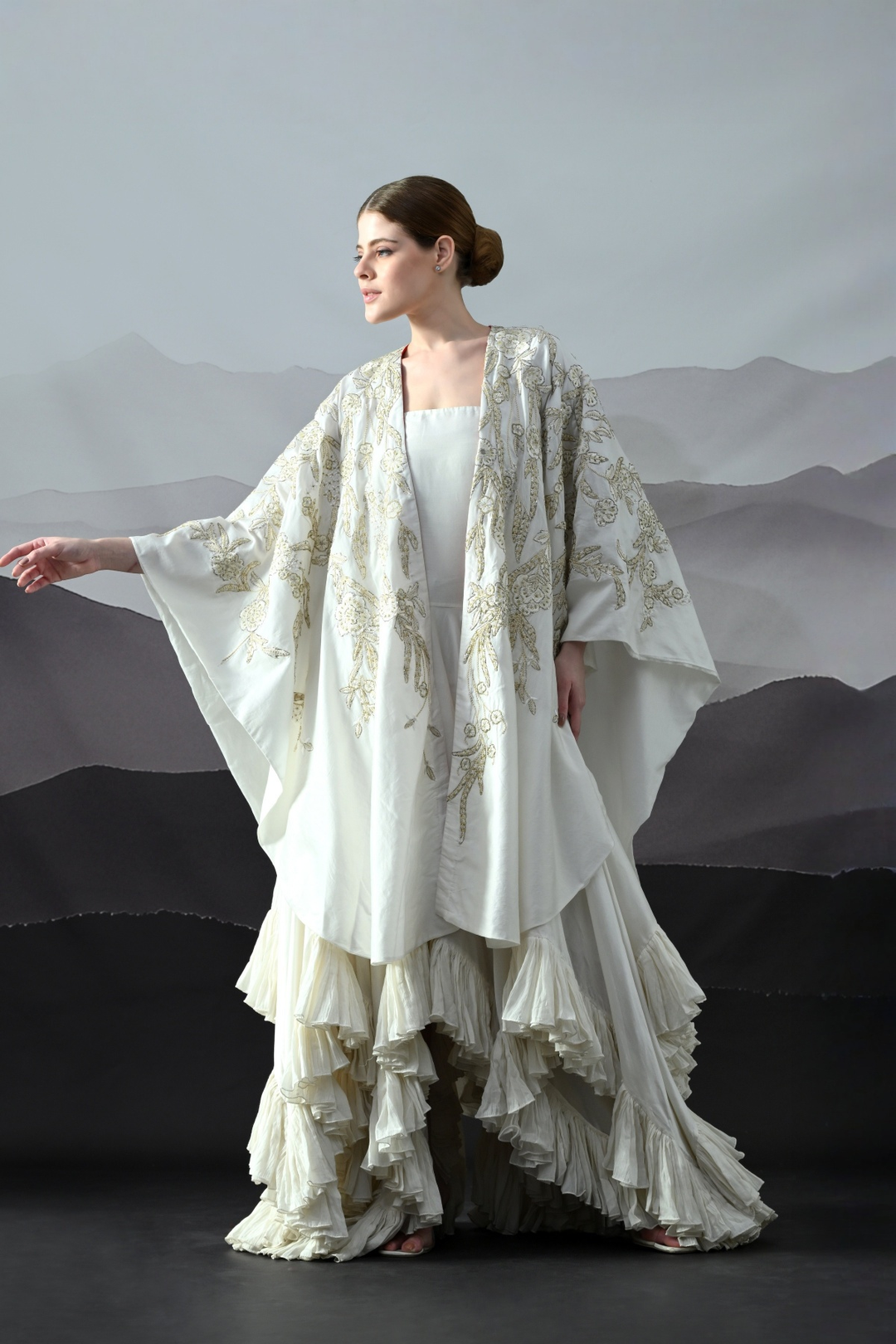 Ivory Gold Threadwork Ruffled Cape Set