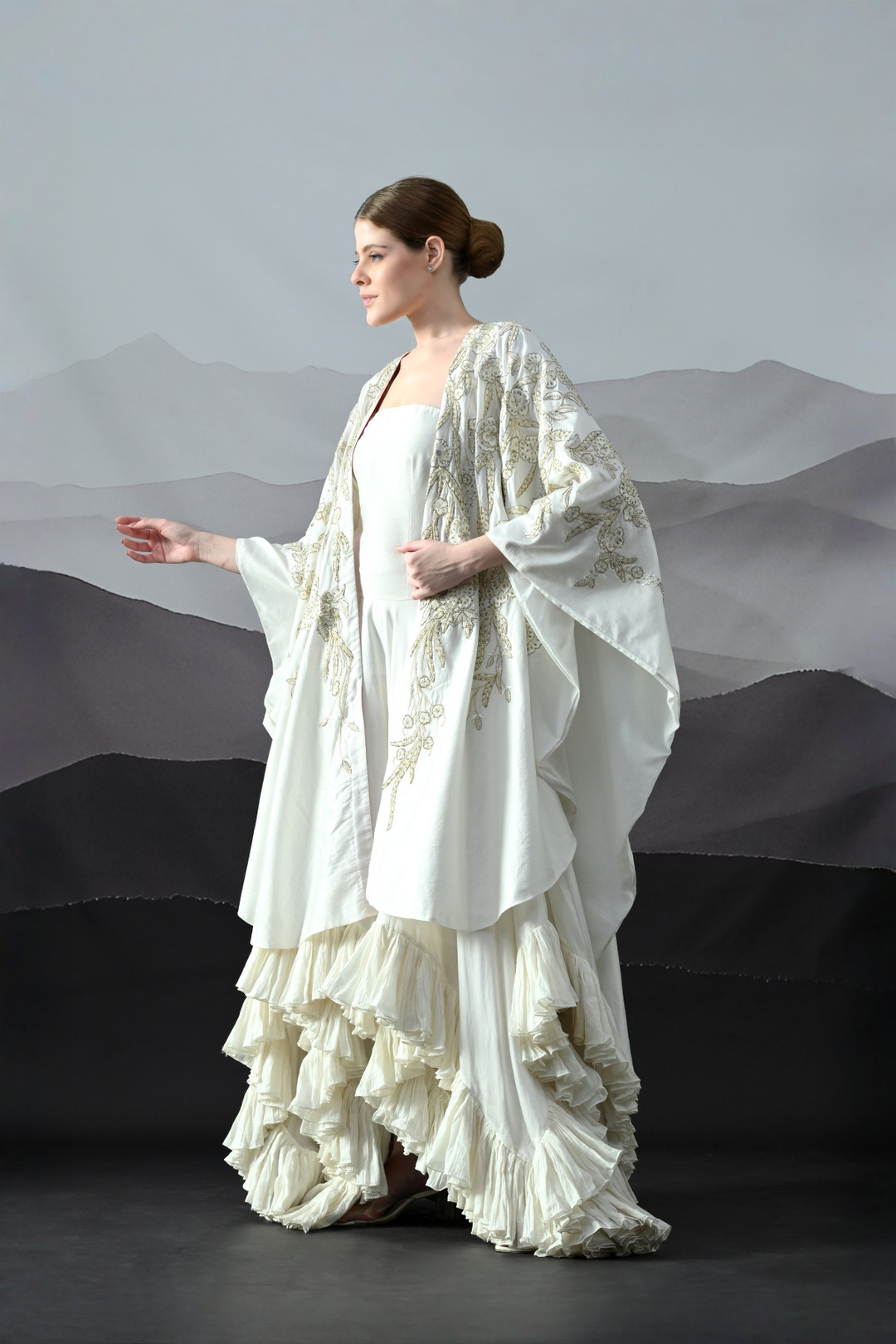 Ivory Gold Threadwork Ruffled Cape Set