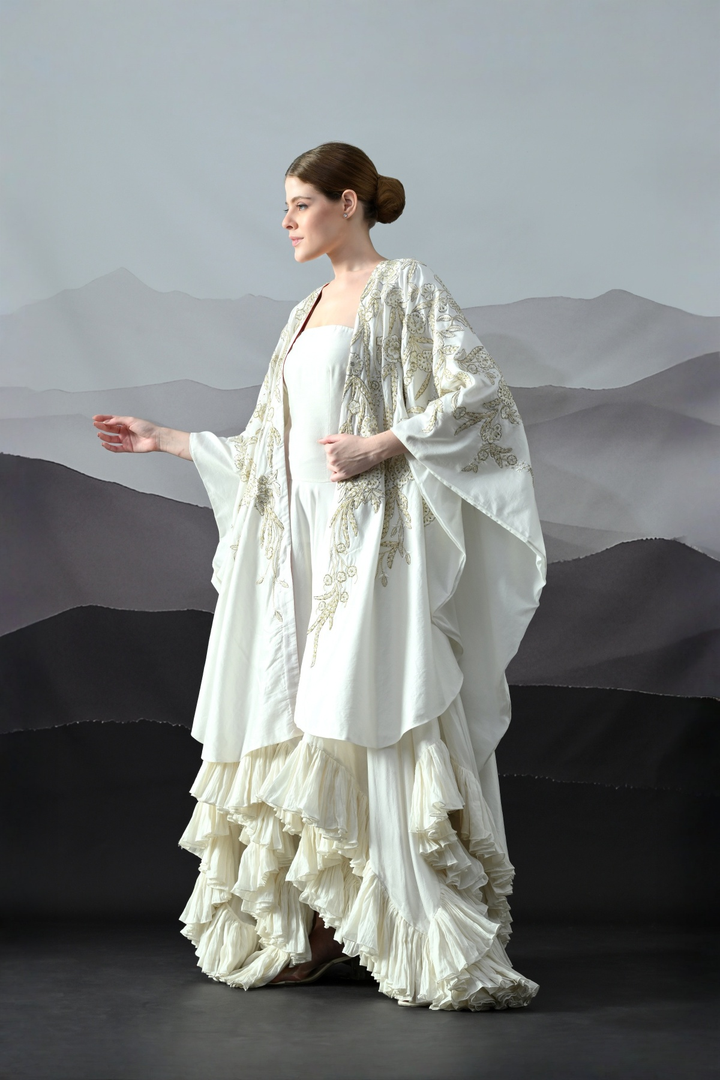 Ivory Gold Threadwork Ruffled Cape Set