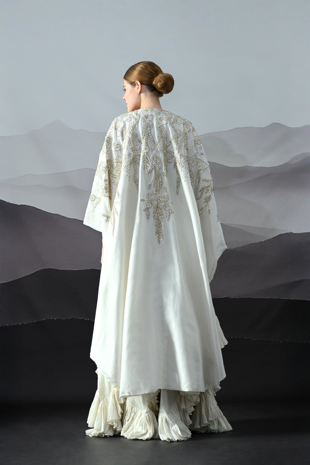 Ivory Gold Threadwork Ruffled Cape Set