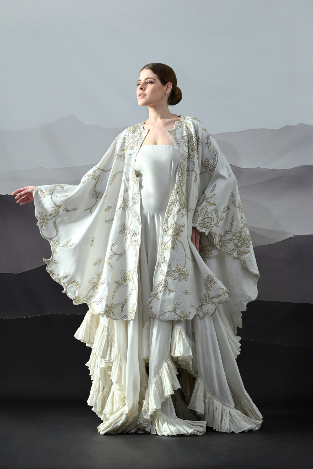 Ivory Gold Embroidery Layered Cape Ensemble
