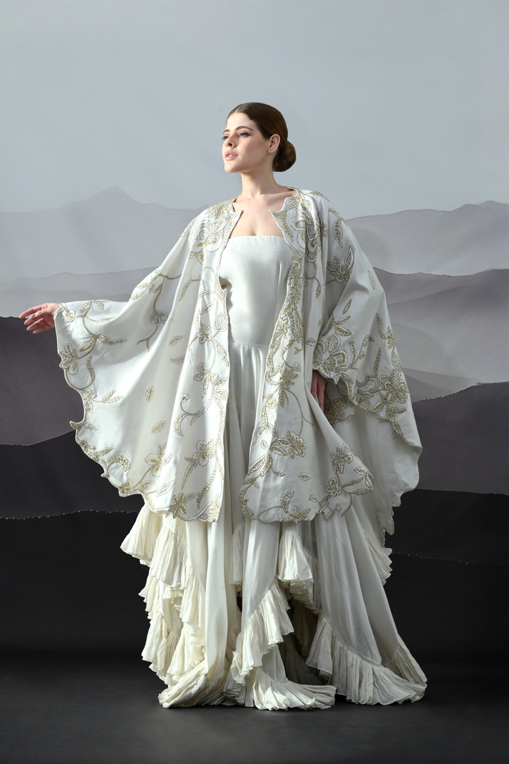 Ivory Gold Embroidery Layered Cape Ensemble