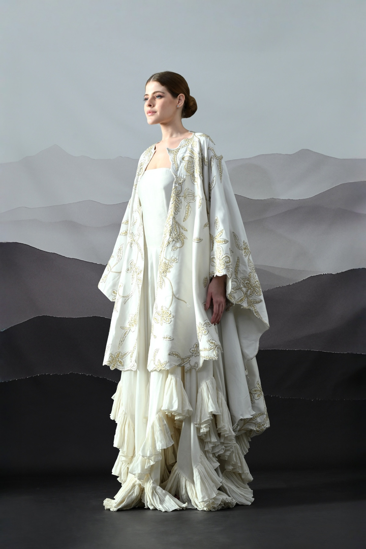 Ivory Gold Embroidery Layered Cape Ensemble