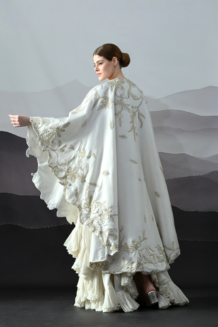 Ivory Gold Embroidery Layered Cape Ensemble