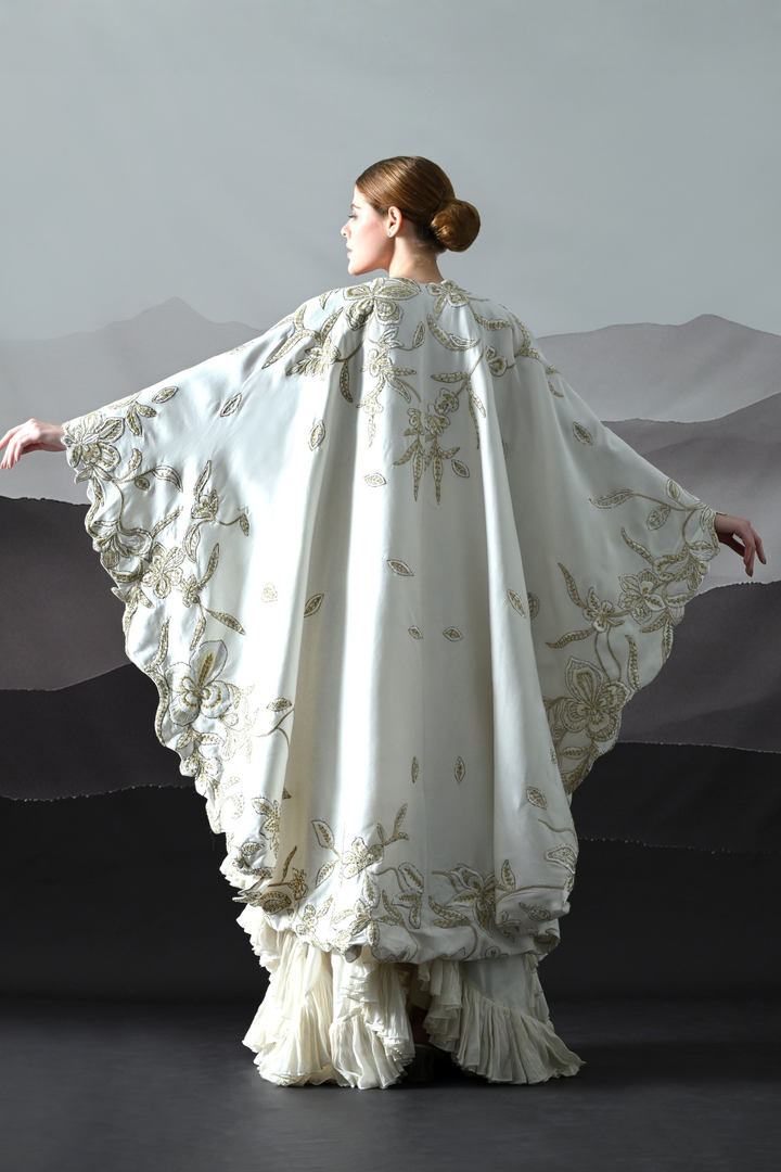 Ivory Gold Embroidery Layered Cape Ensemble