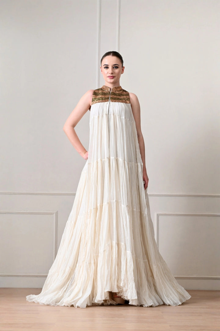 Ivory Crinkled Tiered Cape Gown with Metallic Yoke