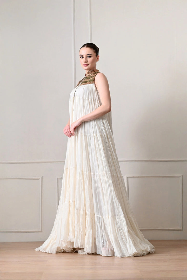Ivory Crinkled Tiered Cape Gown with Metallic Yoke