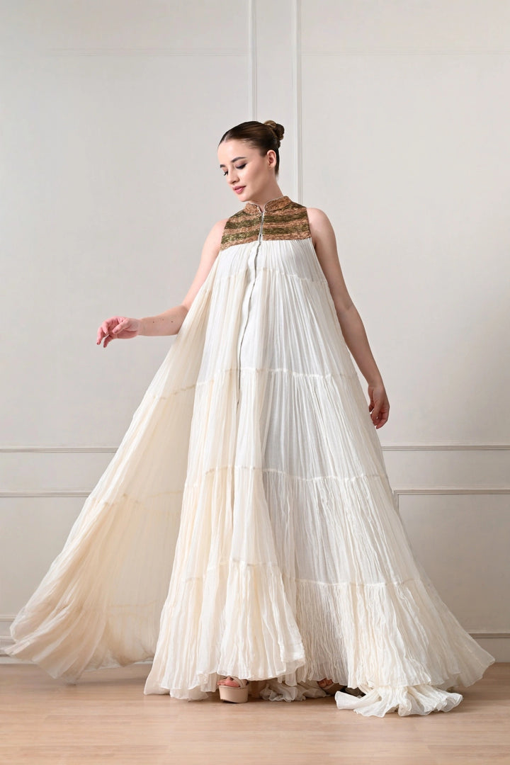 Ivory Crinkled Tiered Cape Gown with Metallic Yoke