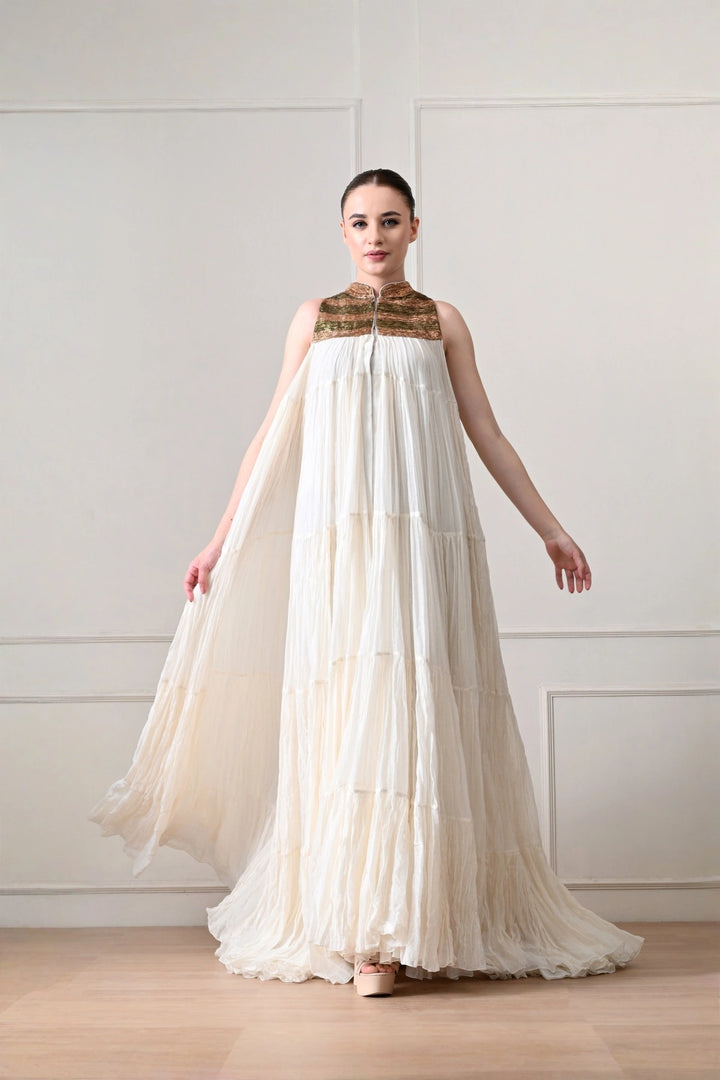 Ivory Crinkled Tiered Cape Gown with Metallic Yoke