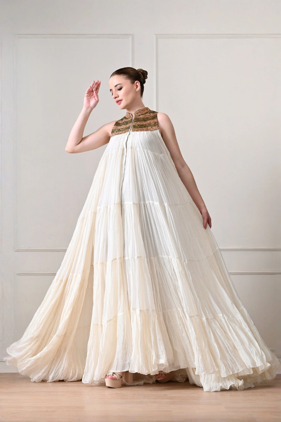 Ivory Crinkled Tiered Cape Gown with Metallic Yoke