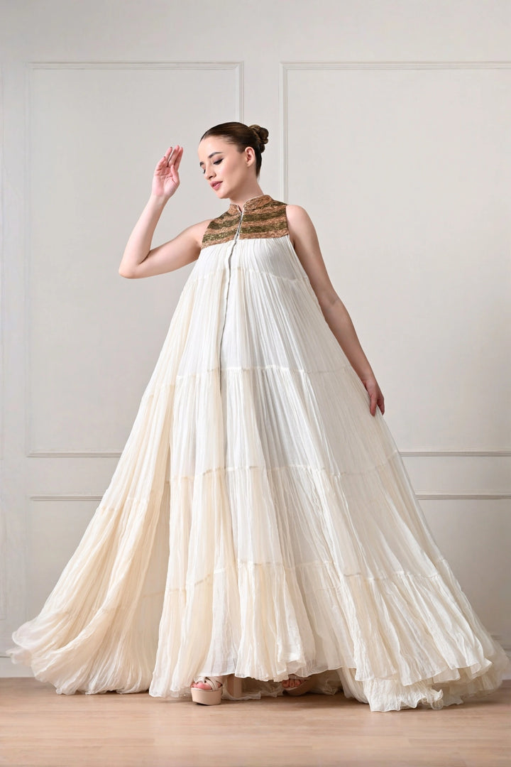 Ivory Crinkled Tiered Cape Gown with Metallic Yoke