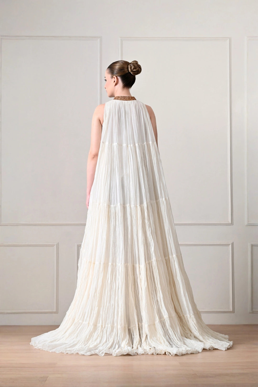 Ivory Crinkled Tiered Cape Gown with Metallic Yoke