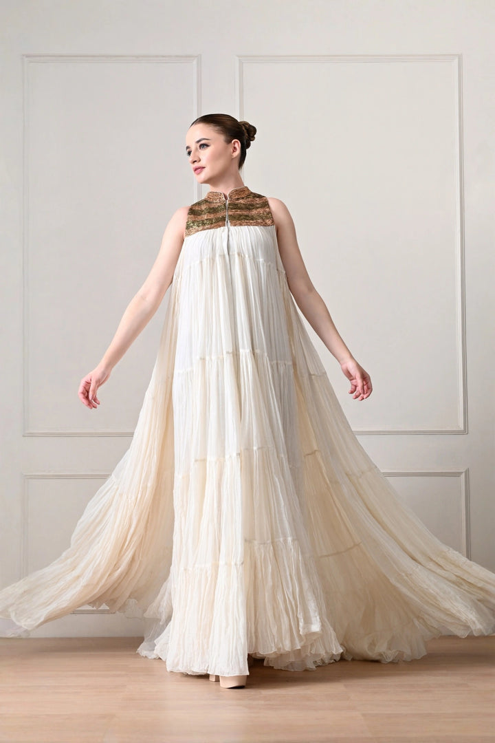 Ivory Crinkled Tiered Cape Gown with Metallic Yoke